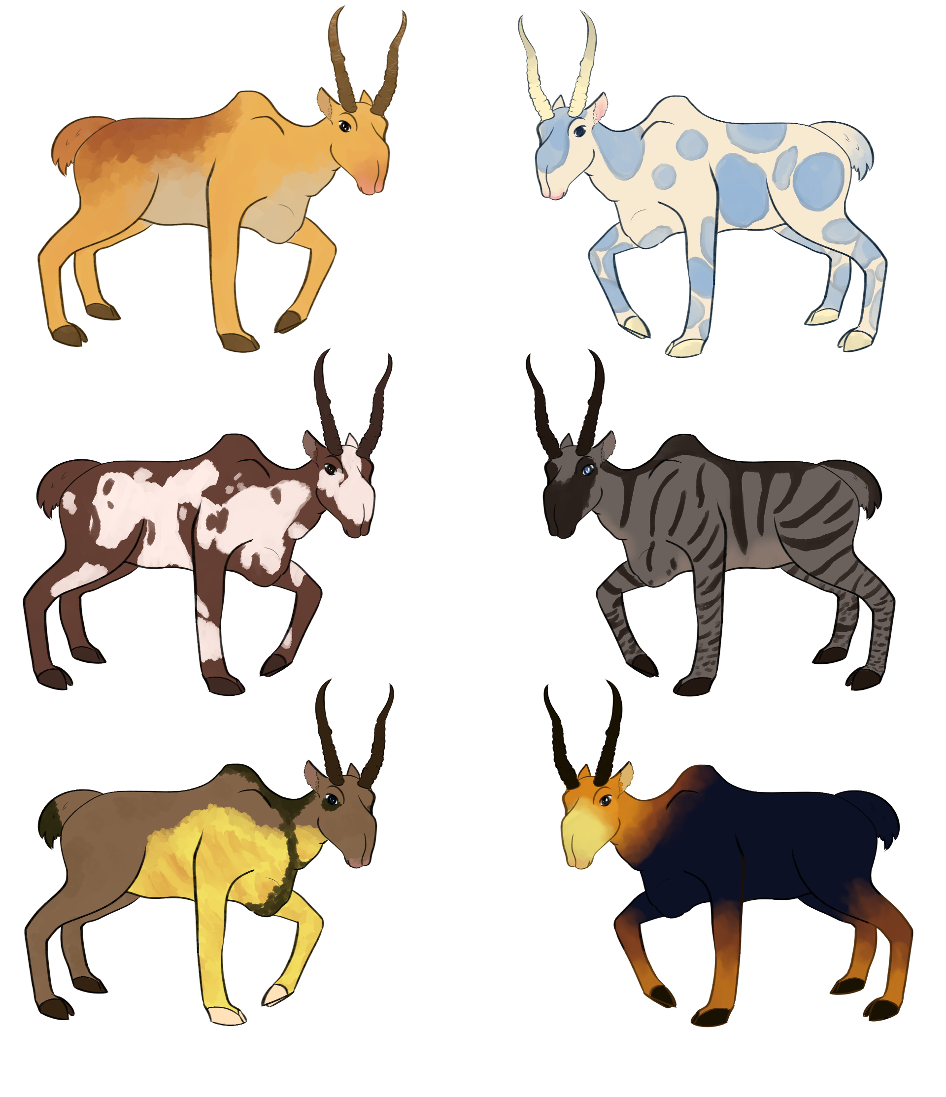 Six modern saiga walking horizontally in a grid pattern. Each of them is showing a different color scheme, as described below.